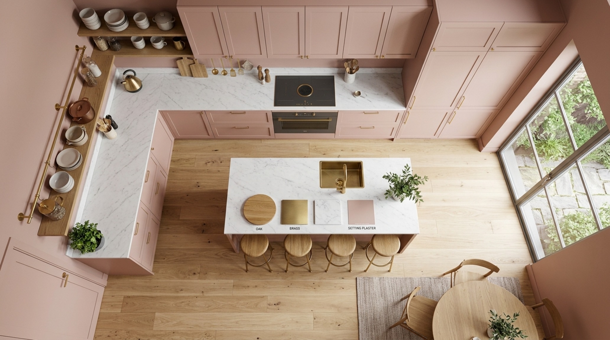 Interactive 3d floor planner detail showing a material mood board integrated into a virtual kitchen layout with Farrow & Ball Setting Plaster and brass accents.