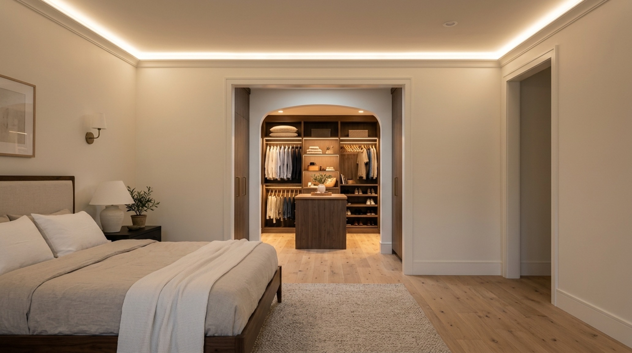 Interactive 3d floor planner visualization of a master suite transition with Benjamin Moore Swiss Coffee walls and integrated 2700K warm ambient cove lighting.