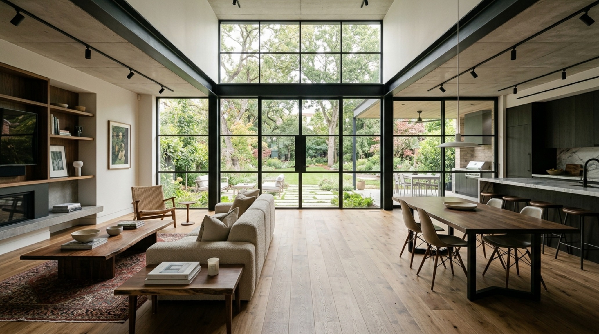 Realistic 3d interior rendering of an open-concept living area showcasing the sightline alignment from the foyer to the garden through floor-to-ceiling glass walls.