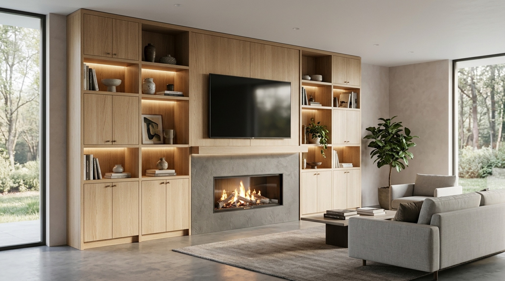 Home renovation visualization featuring a rift-sawn white oak media wall and a custom-built hearth designed with precise 3D massing proportions.