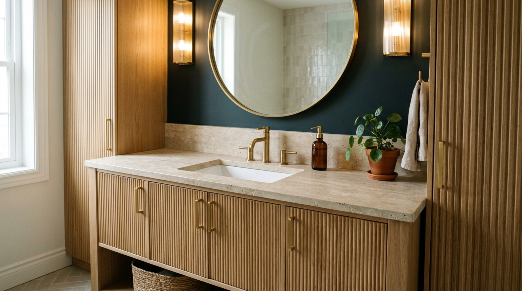 Realistic 3d interior rendering of a primary bathroom with fluted vanities, honed travertine countertops, and high CRI 92+ lighting for accurate color rendering.