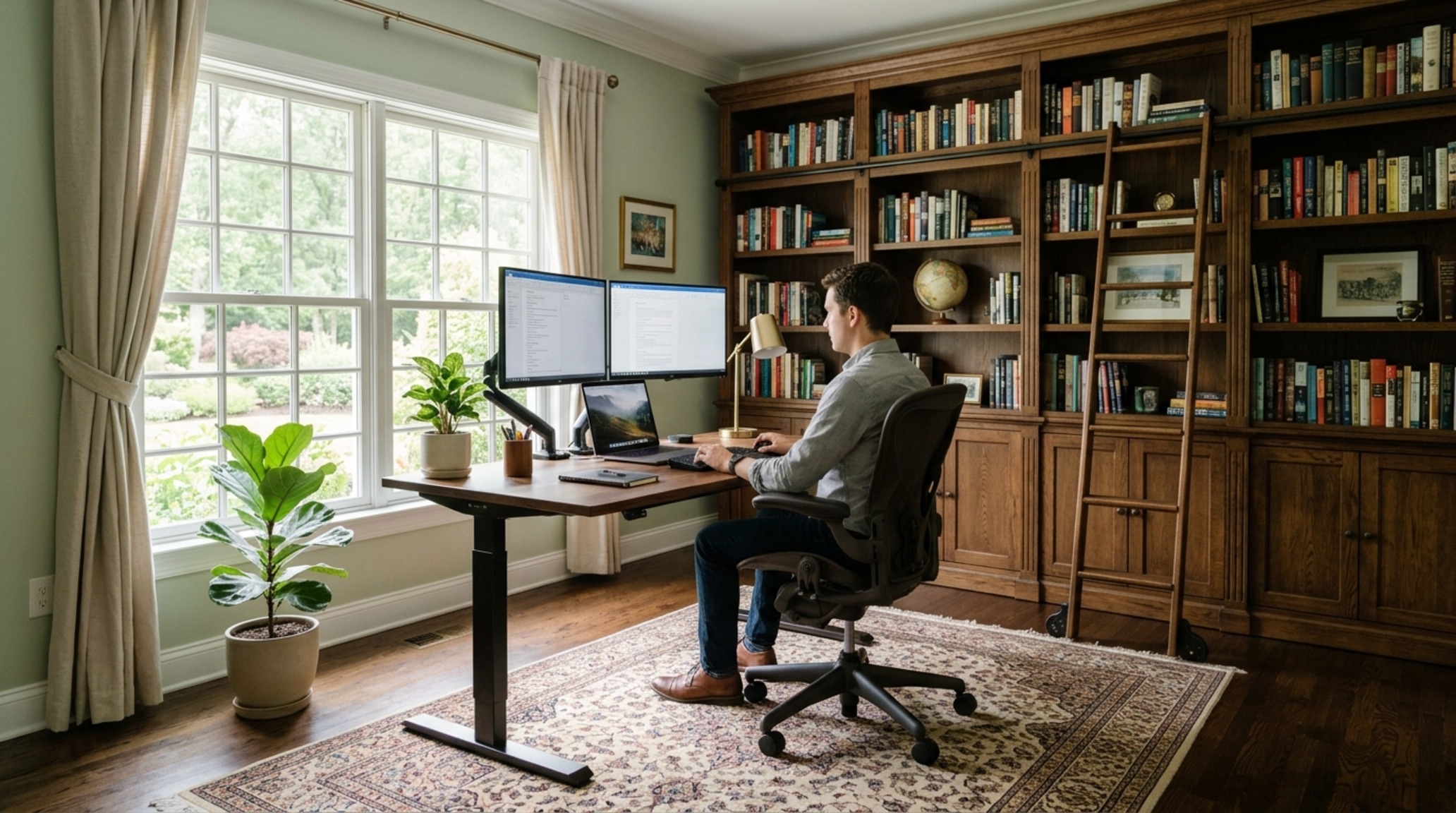 Virtual space planning software analysis of a home office featuring ergonomic desk placement and 36-inch circulation paths near a custom bookshelf.