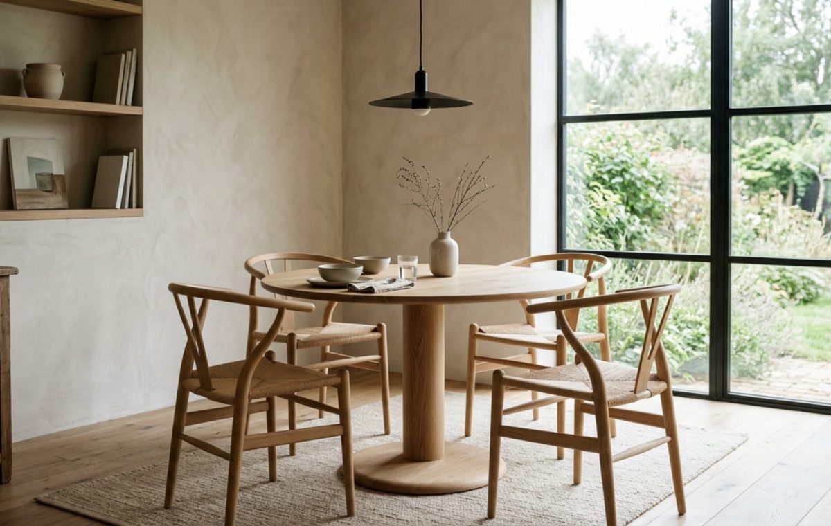 A minimalist dining set for small spaces decor ideas featuring a light oak pedestal table and four wishbone chairs in a sun-drenched breakfast nook with 36-inch clearances.