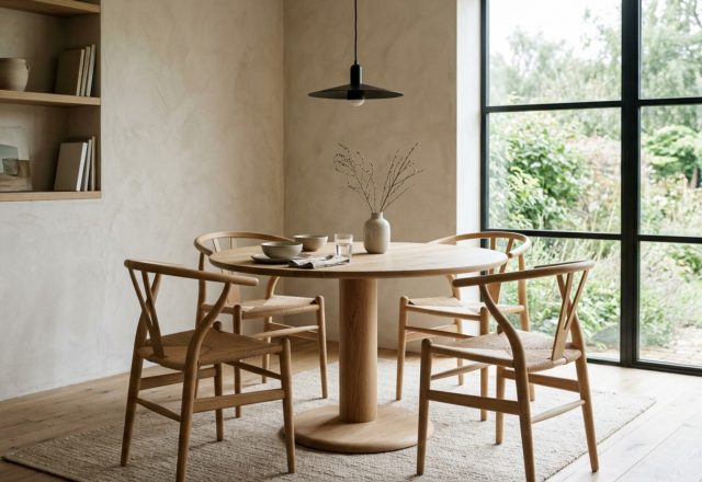 A minimalist dining set for small spaces decor ideas featuring a light oak pedestal table and four wishbone chairs in a sun-drenched breakfast nook with 36-inch clearances.