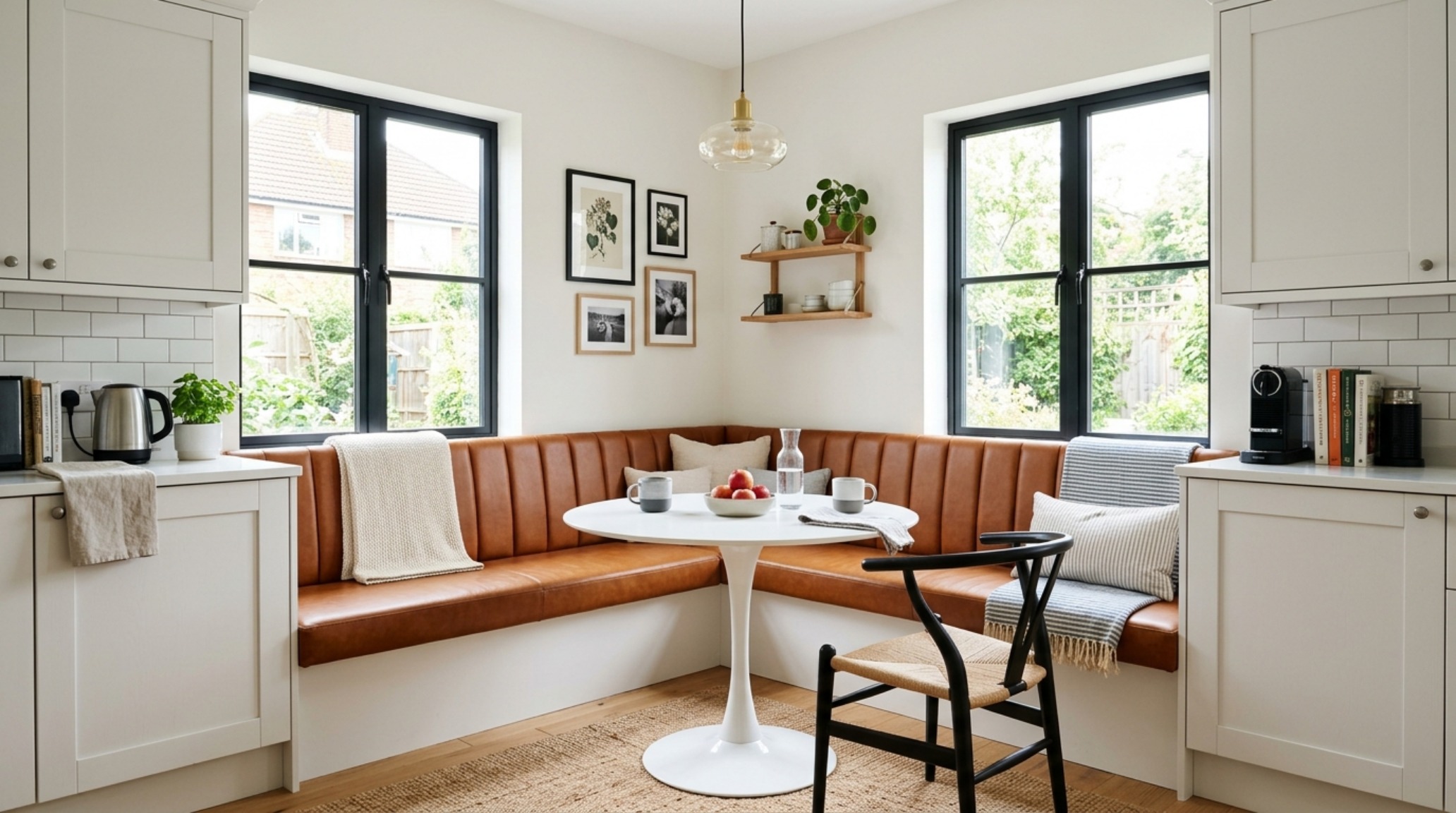 Corner dining arrangement using a L-shaped bench and a pedestal table to maximize primary circulation walkways in a small kitchen.