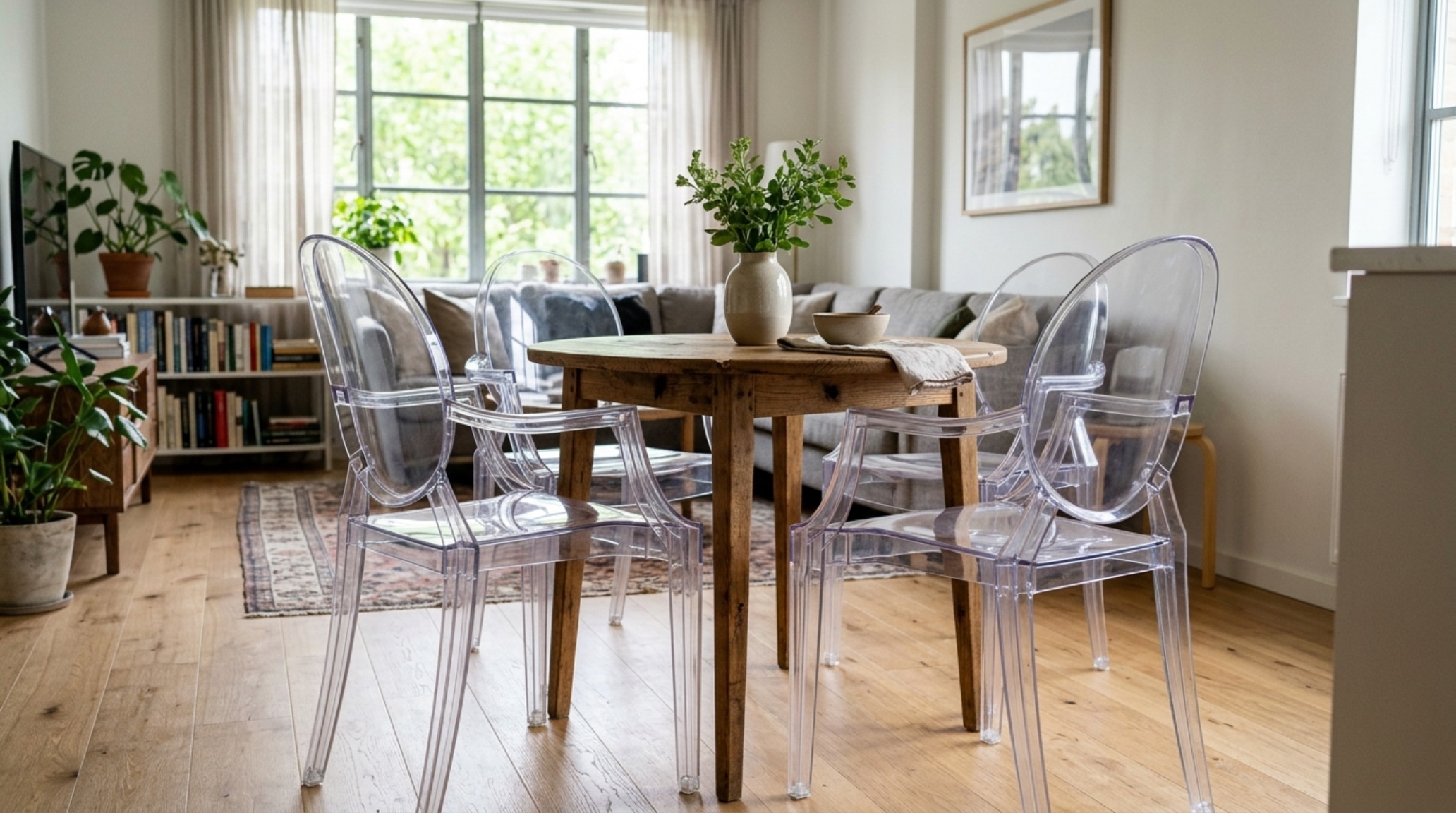 A sophisticated mix of acrylic ghost chairs and a rustic wooden table, creating visual transparency and architectural depth.