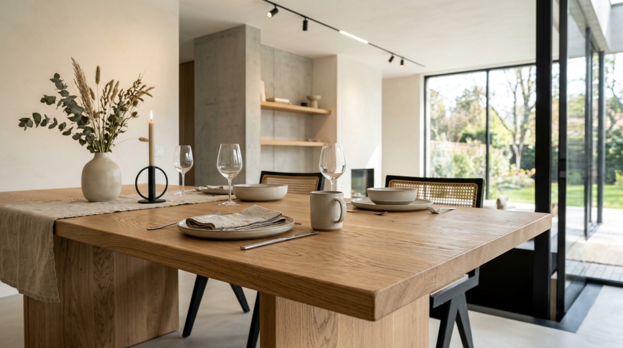 High-CRI 90+ lighting illuminating a small dining set, showcasing the rich natural grain of a white oak tabletop.