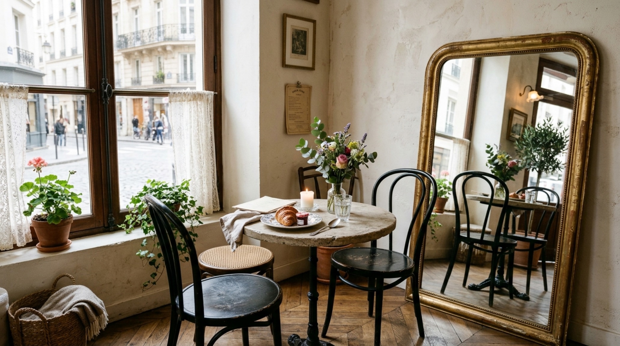 A Parisian-style small dining setup with a zinc-topped cafe table and bistro chairs, emphasizing vertical space and tactile grounding.