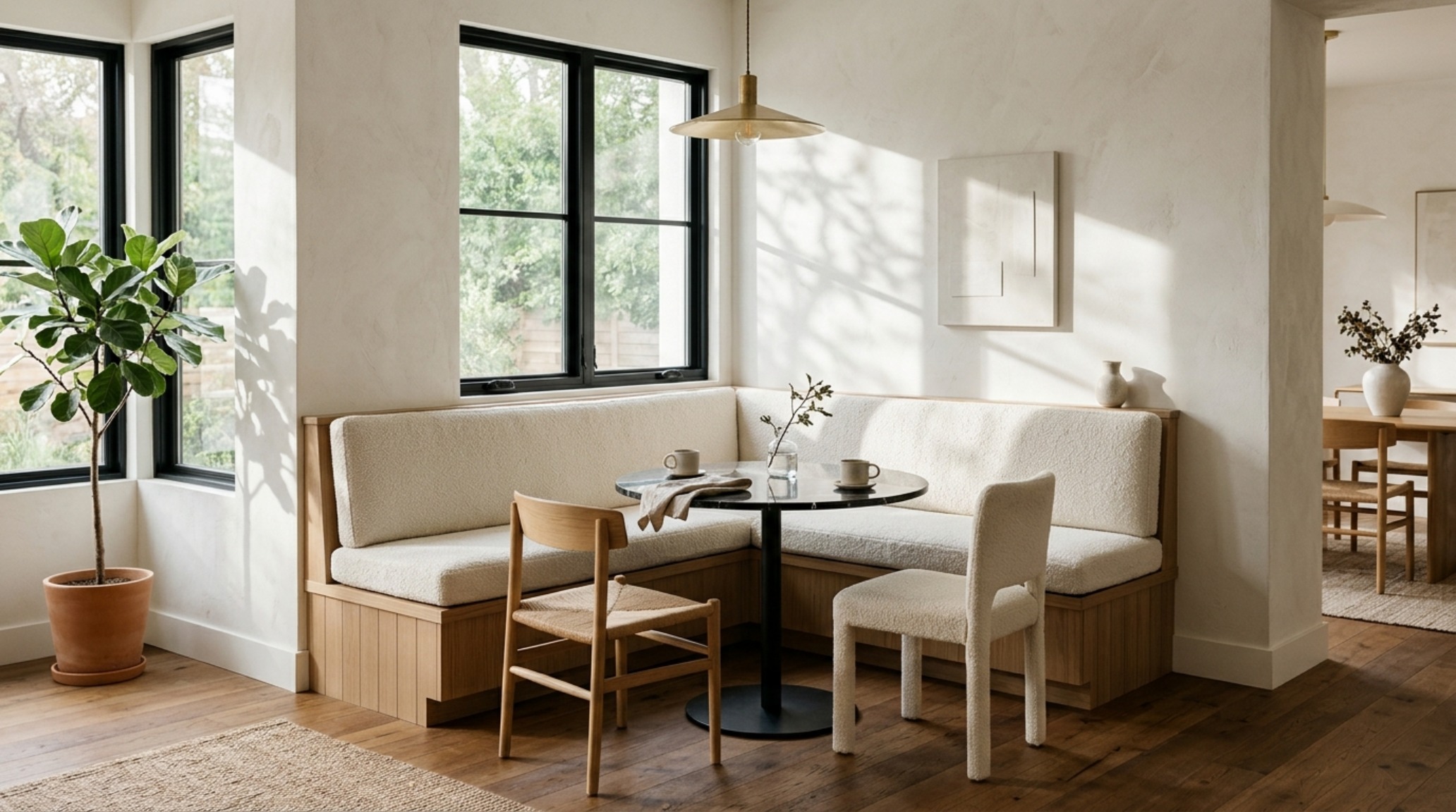 Bespoke built-in banquette seating with bouclé upholstery paired with a small round marble table, illustrating dining sets for small spaces decor ideas layout efficiency.