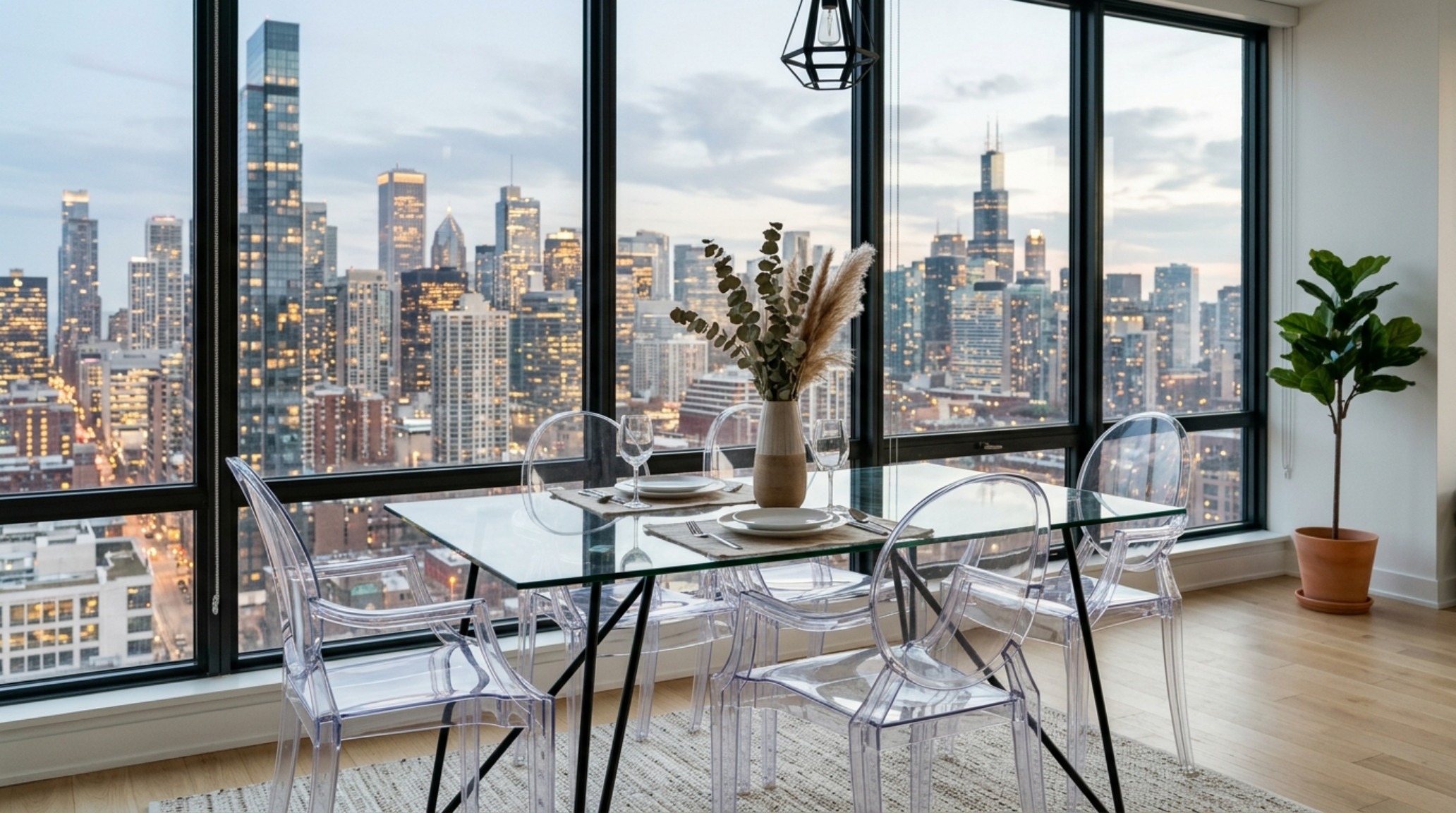 Modern dining sets for small spaces decor ideas ideas showcasing a glass-topped table with slim black steel legs to preserve sightlines in an urban apartment.