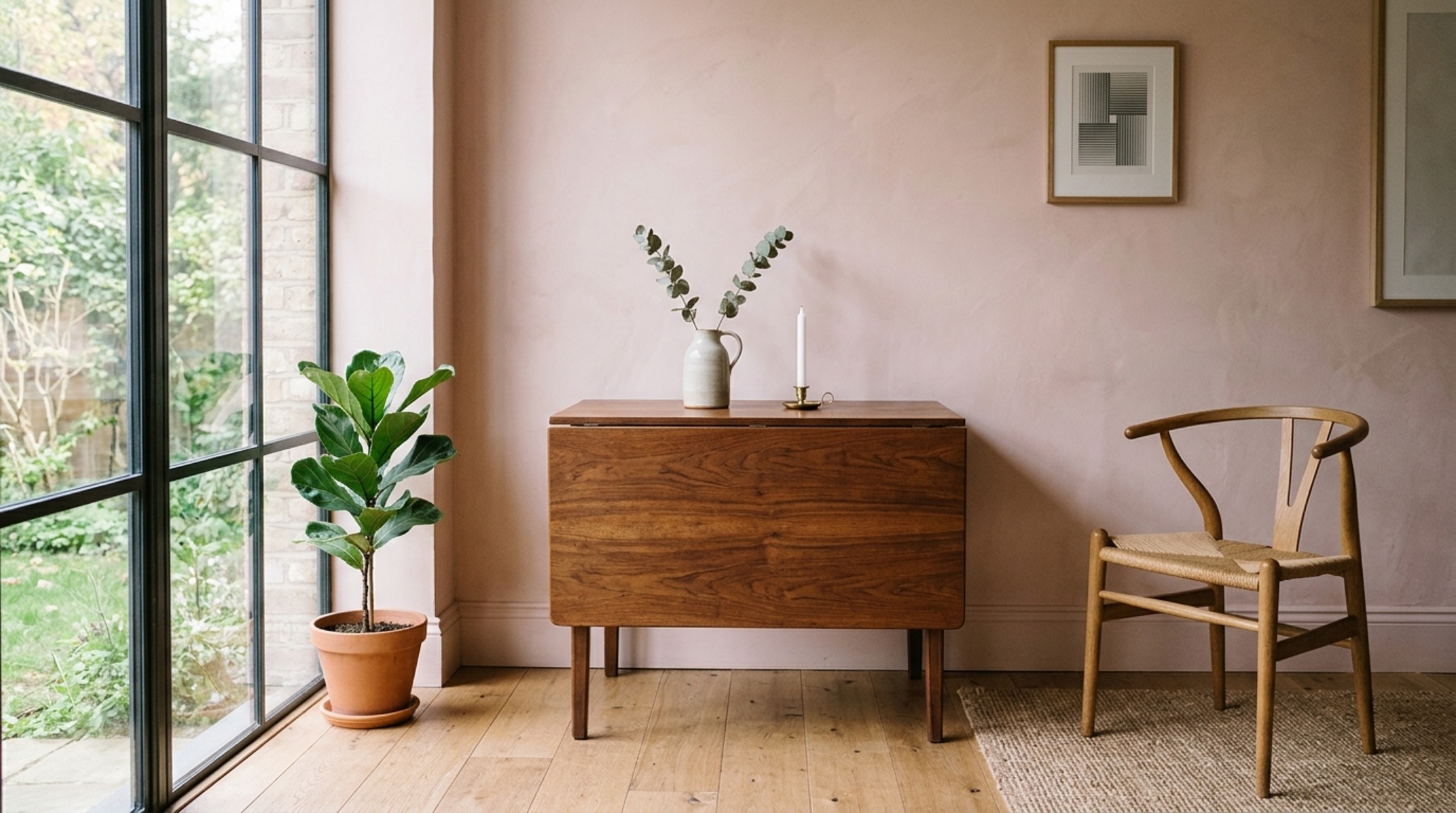 A walnut drop-leaf table positioned against a limewash wall, demonstrating dining sets for small spaces decor ideas ergonomics for flexible living.