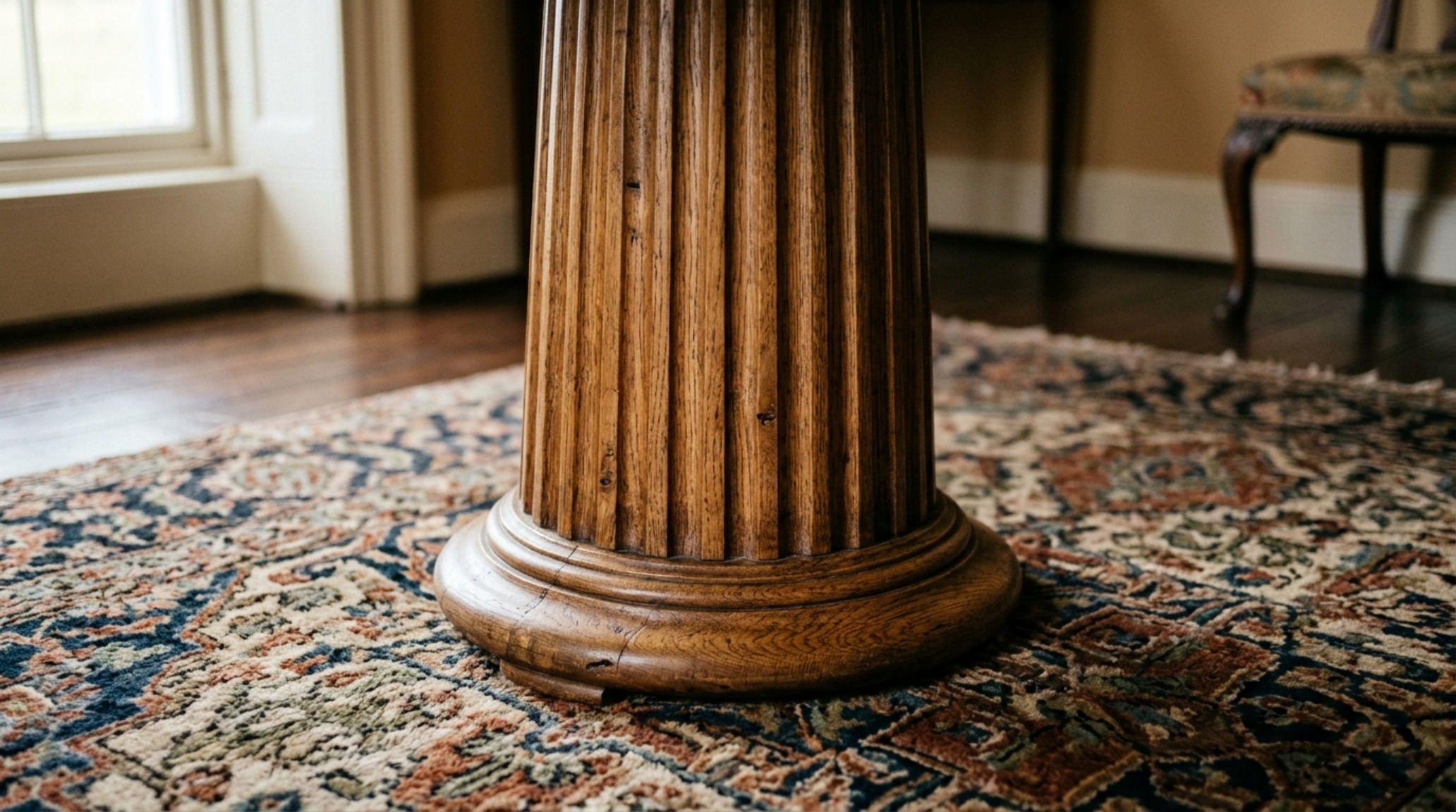 Close-up of fluted white oak table base and natural linen upholstery, highlighting the material precision in small space dining sets.