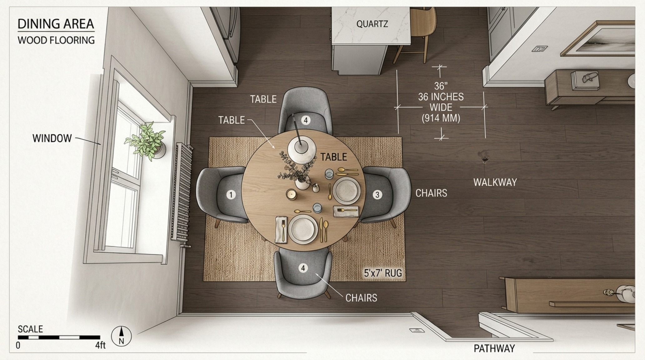 Overhead architectural view of a 42-inch round dining table showing ideal 24-inch per-person seating distribution and spatial flow.