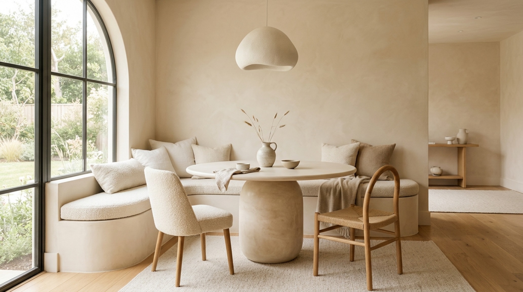 A small dining nook with color-drenched walls in Benjamin Moore Swiss Coffee, featuring a contemporary sculptural dining set.