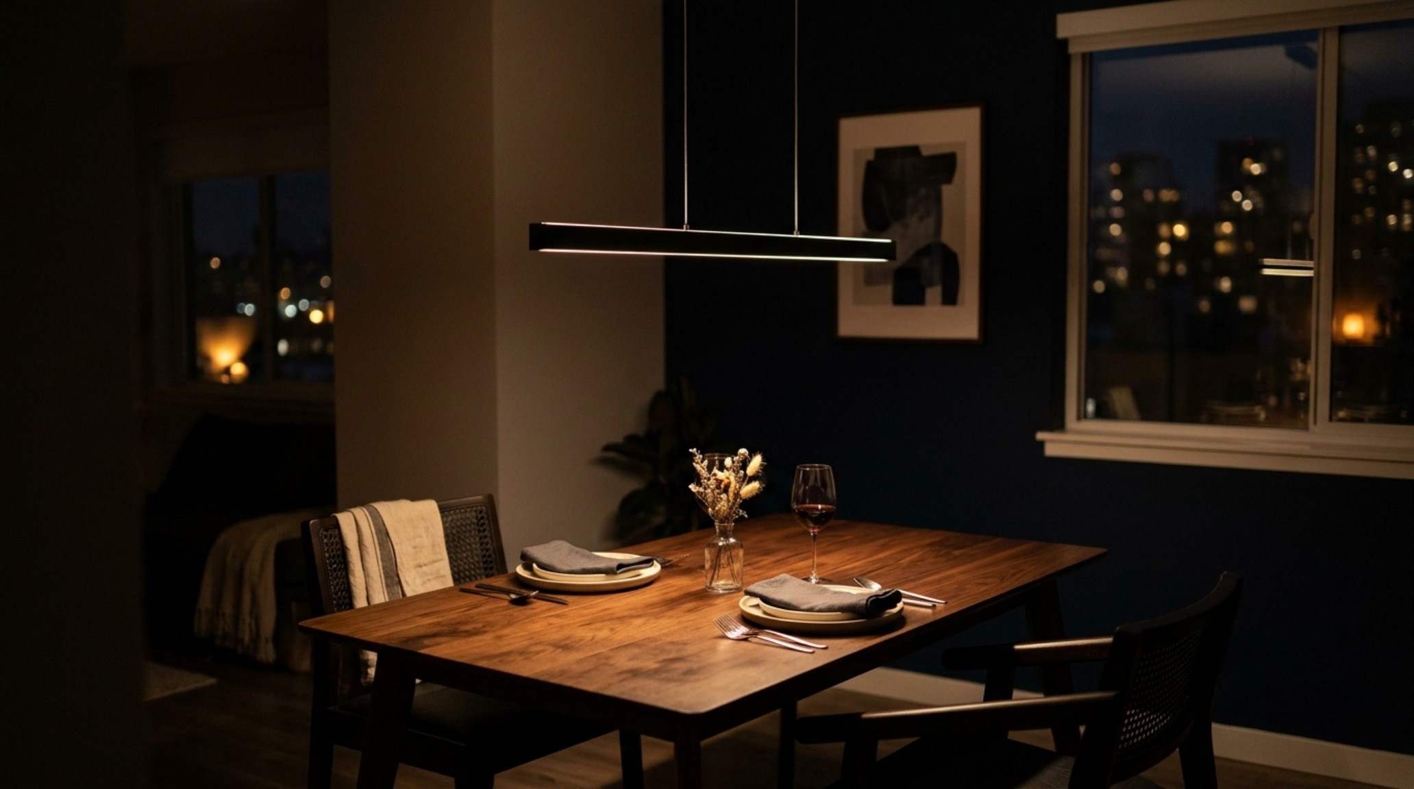 Intimate dining lighting setup with a slim linear pendant hanging 32 inches above a dark wood table in a compact floor plan.
