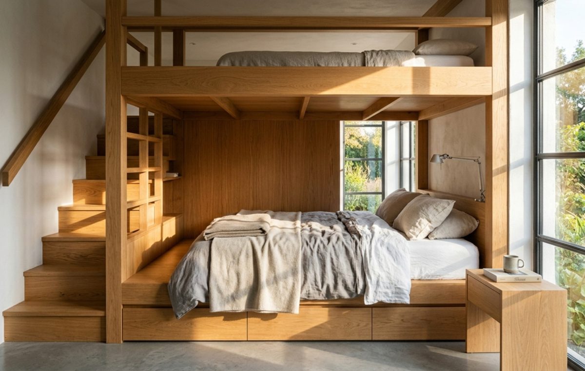 elevated sleeping platforms crafted from rift-sawn white oak with integrated under-bed storage drawers in a sun-drenched minimalist bedroom