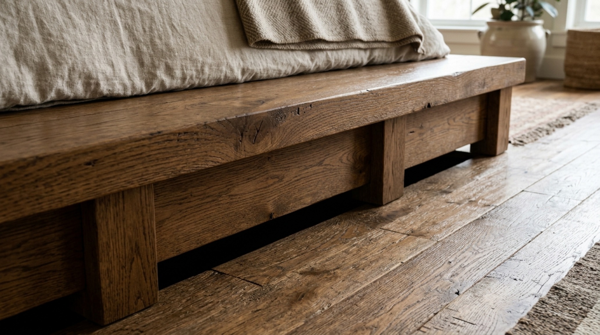 elevated sleeping platforms with a built-in step-up storage unit finished in a matte charcoal oil finish