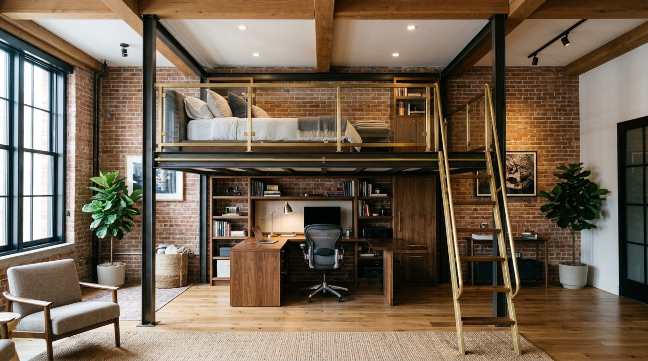 queen size space saving beds designed as a custom brass-finished metal loft with a dedicated workspace and 36-inch circulation clearance below