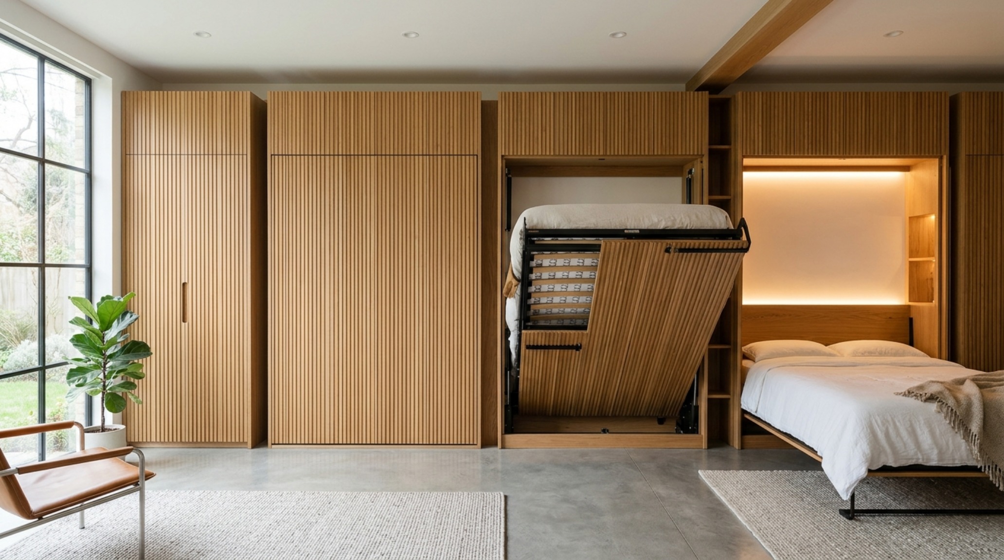 fold-down wall beds encased in vertical fluted oak cabinetry featuring integrated 2700K warm LED accent lighting