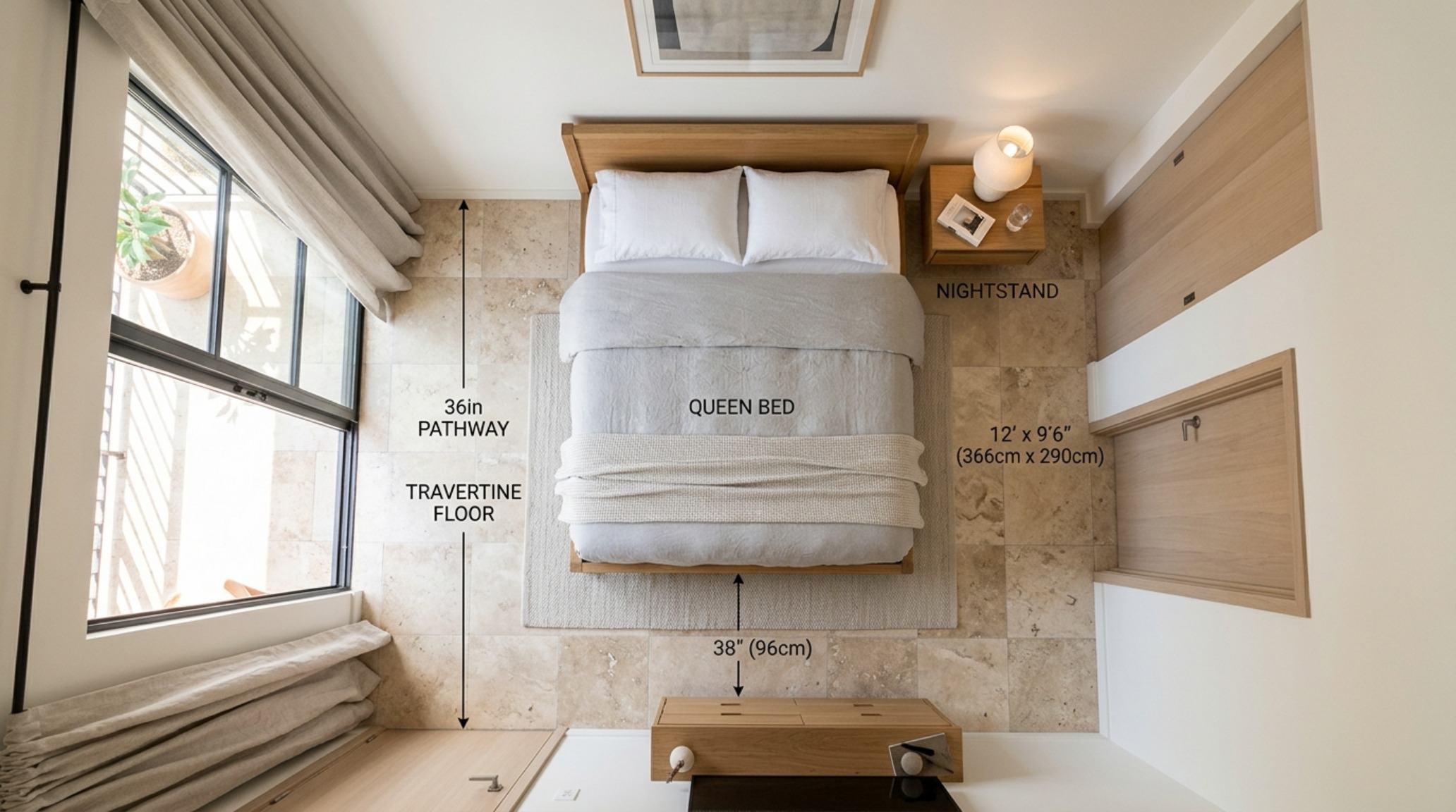 small bedroom layout ideas showing a primary 36-inch walkway and wall-mounted floating nightstands for maximized floor visibility