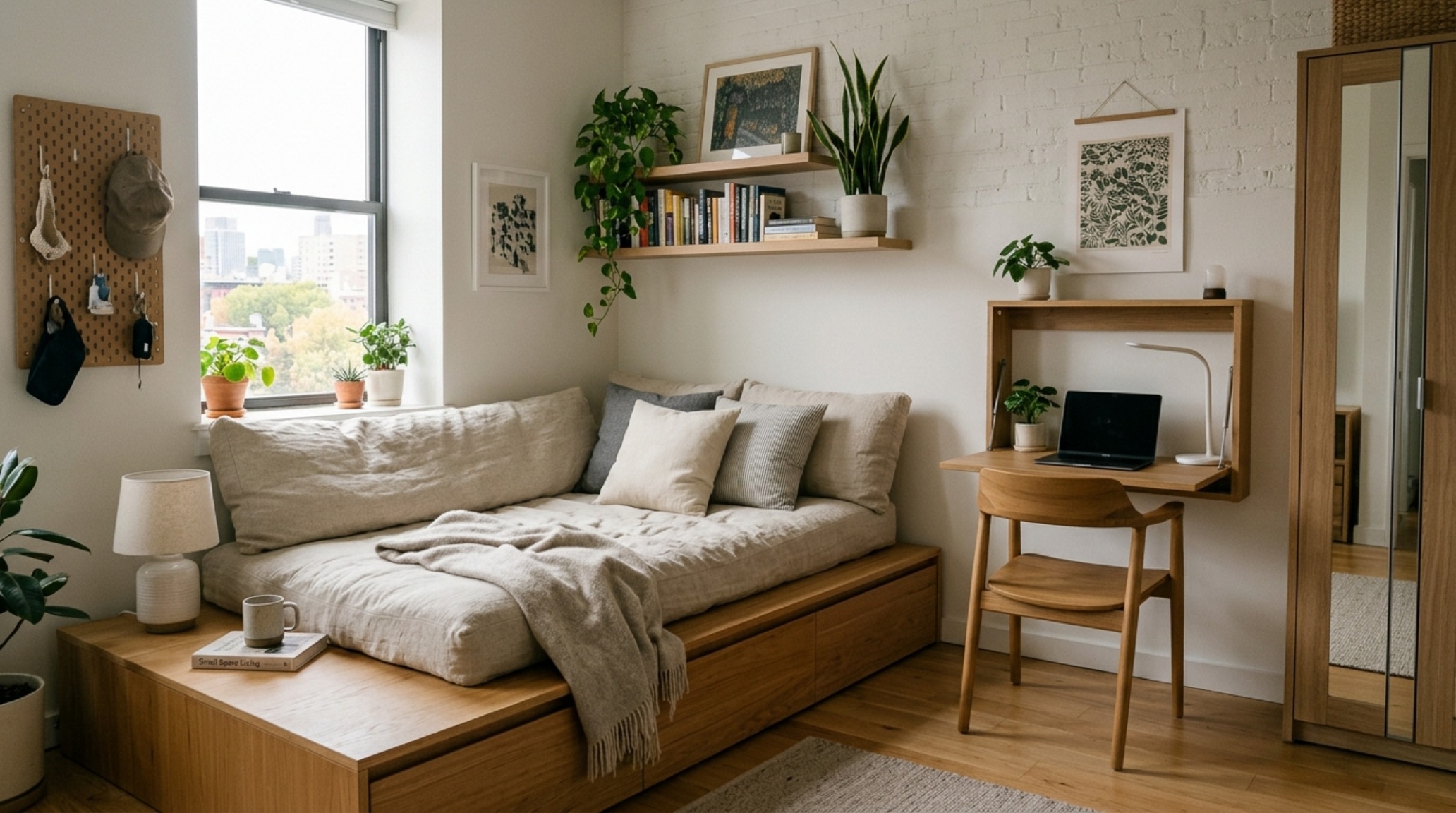 multi-functional furniture for small spaces including a bespoke platform bed that transitions into a low-slung seating area