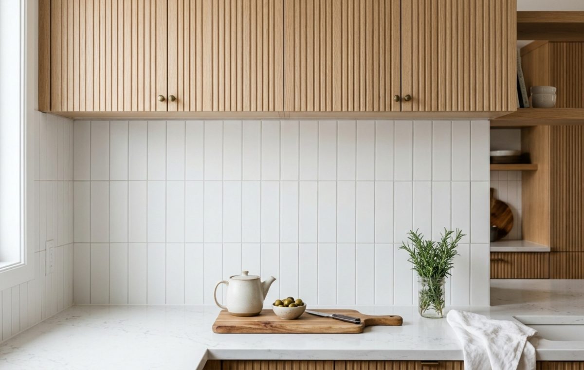 vertical stacked subway tile backsplash in a modern kitchen with white oak cabinetry and 3000K task lighting highlighting the linear precision