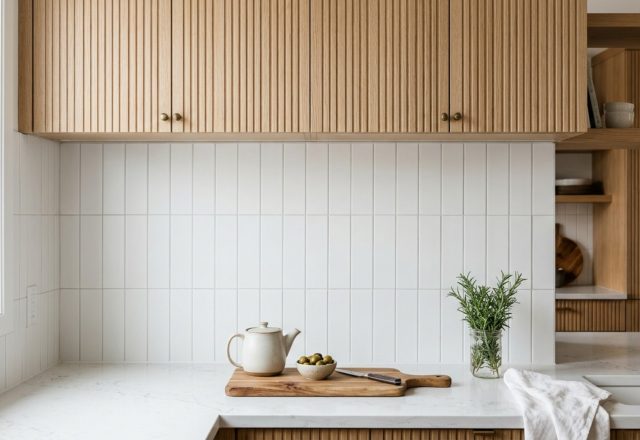 vertical stacked subway tile backsplash in a modern kitchen with white oak cabinetry and 3000K task lighting highlighting the linear precision