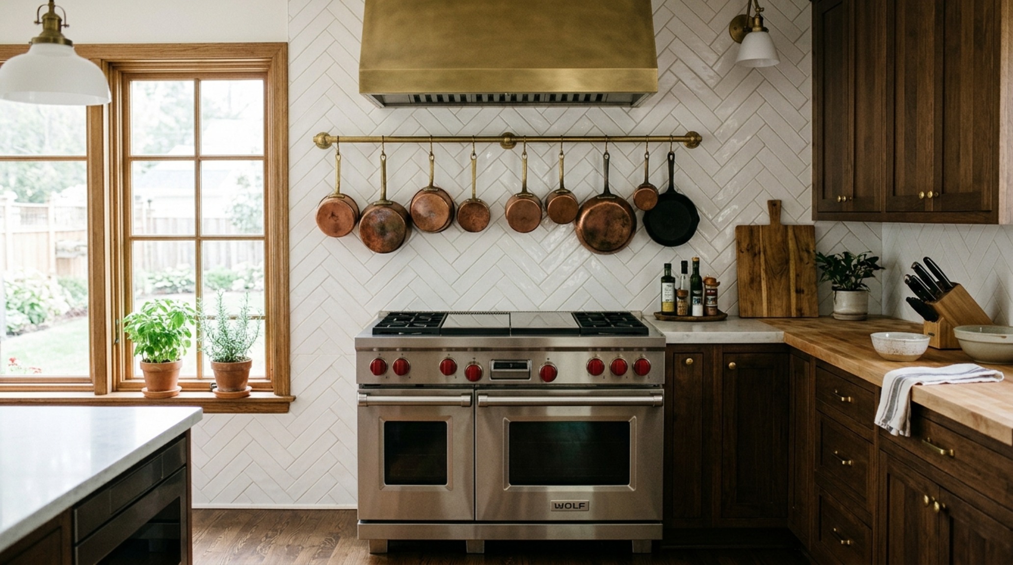 herringbone subway tile layout photos showcasing a classic 3x6 white ceramic tile pattern behind a professional-grade stainless steel range