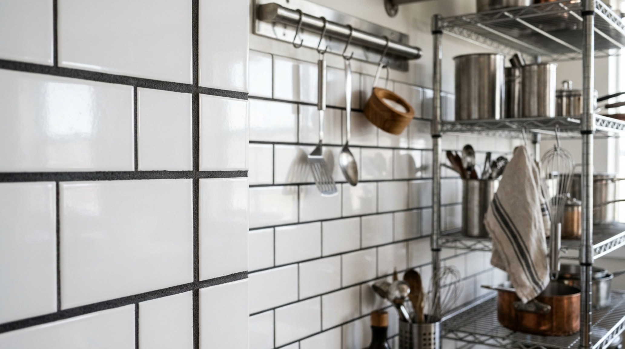 white subway tile with dark grout ideas featuring high-contrast charcoal grout for an industrial-chic look in a high-traffic culinary workspace