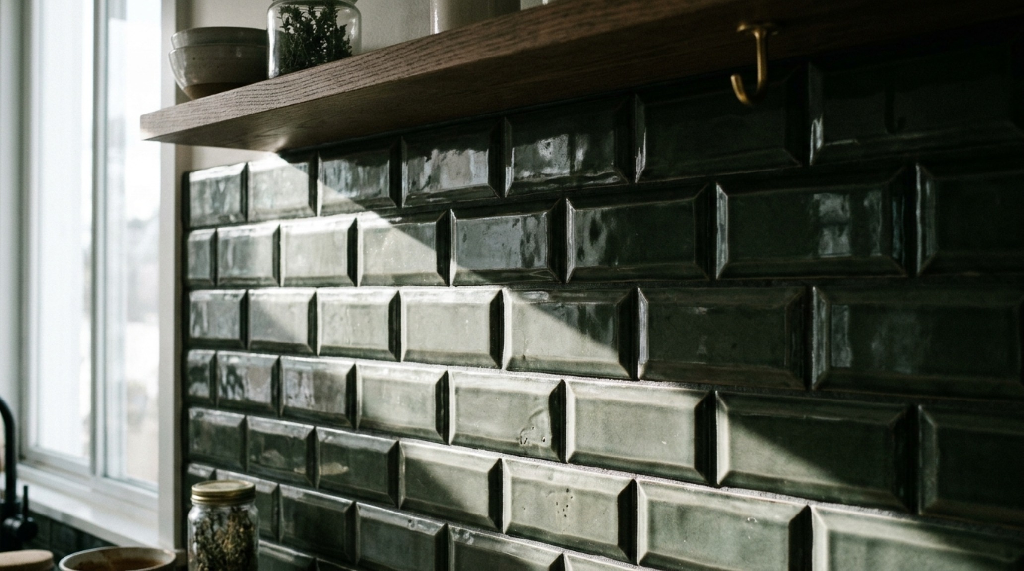beveled subway tile backsplash gallery highlighting the 3D shadows and architectural depth of beveled edges under diffused directional lighting