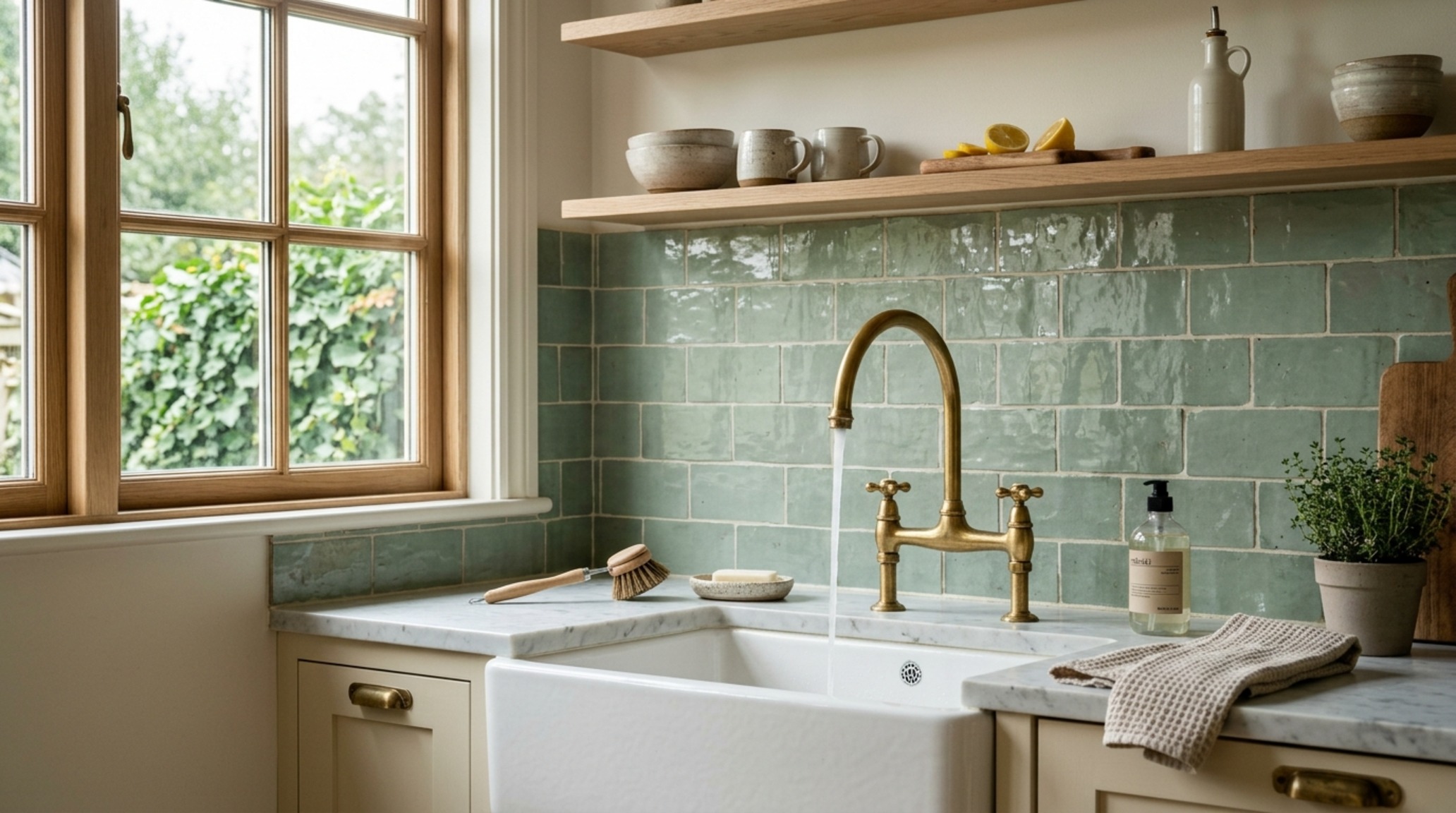 zellige subway tile kitchen inspiration in a soft sage green finish paired with honed marble countertops and unlacquered brass hardware