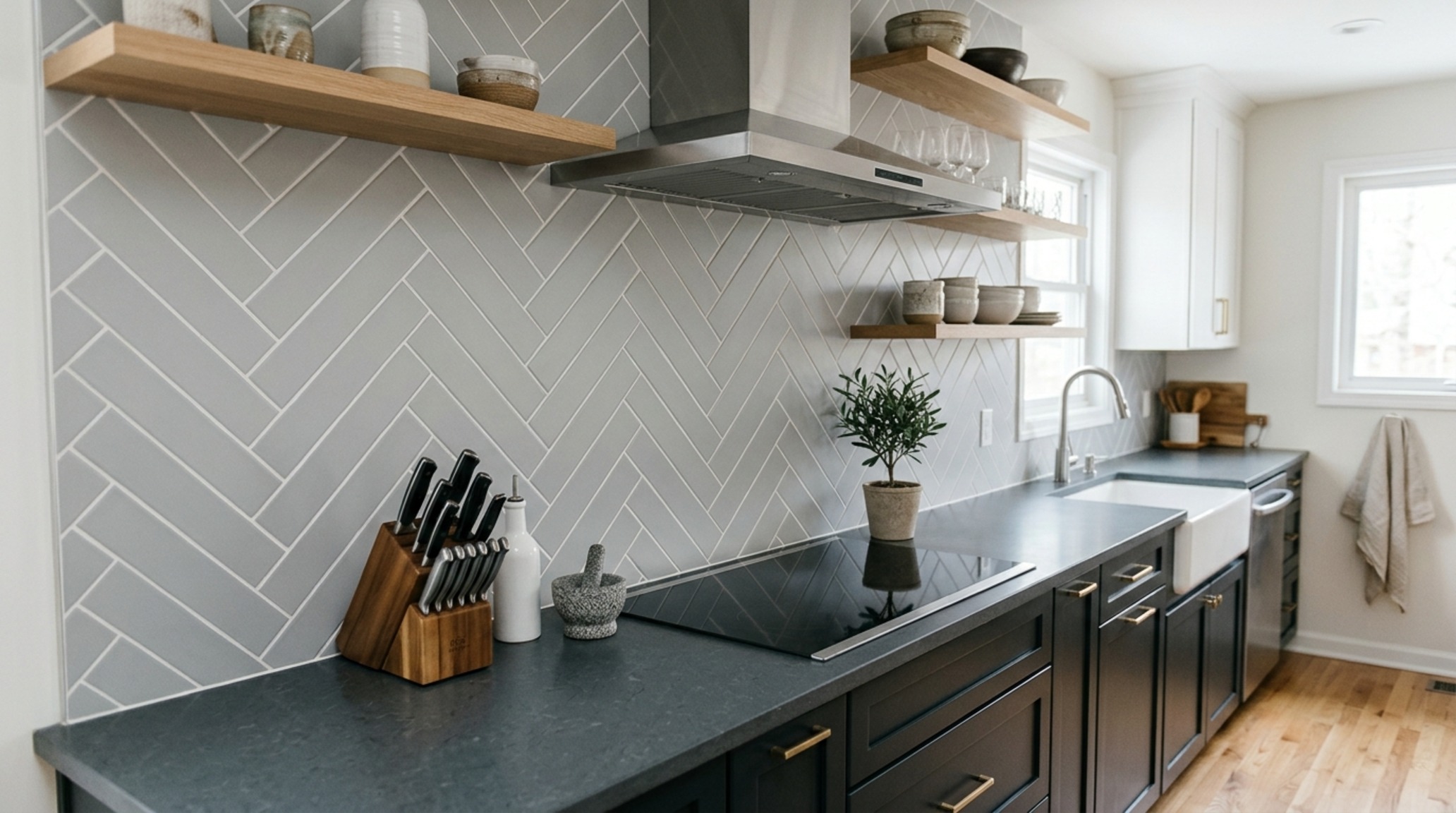 herringbone subway tile layout photos using a vertical 90-degree orientation to create modern movement and visual height in a compact kitchen