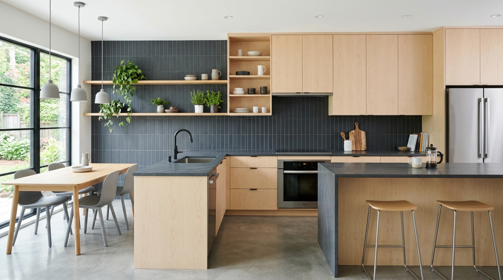 vertical stacked subway tile backsplash in a charcoal slate finish providing a dramatic tactile grounding for a minimalist contemporary kitchen