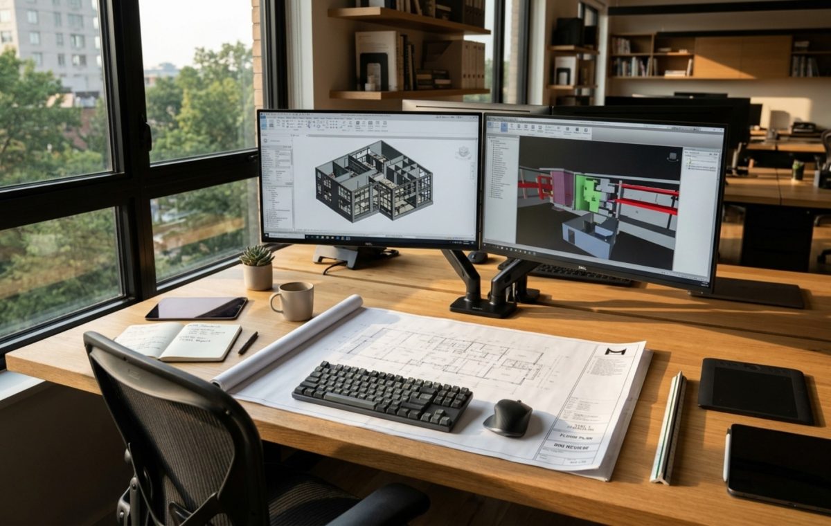 BIM manager desk setup featuring dual high-resolution monitors on a 150cm rift-sawn white oak desk with integrated cable management and architectural task lighting.