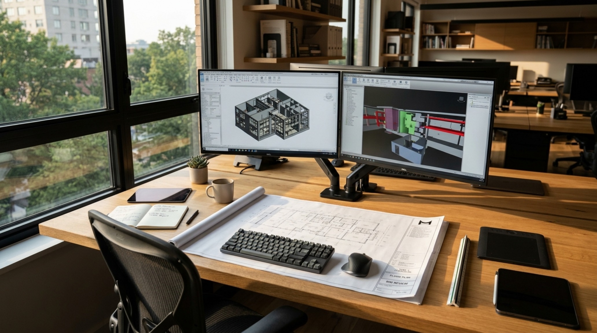 BIM manager desk setup featuring dual high-resolution monitors on a 150cm rift-sawn white oak desk with integrated cable management and architectural task lighting. BIM manager desk setup featuring dual high-resolution monitors on a 150cm rift-sawn white oak desk with integrated cable management and architectural task lighting.