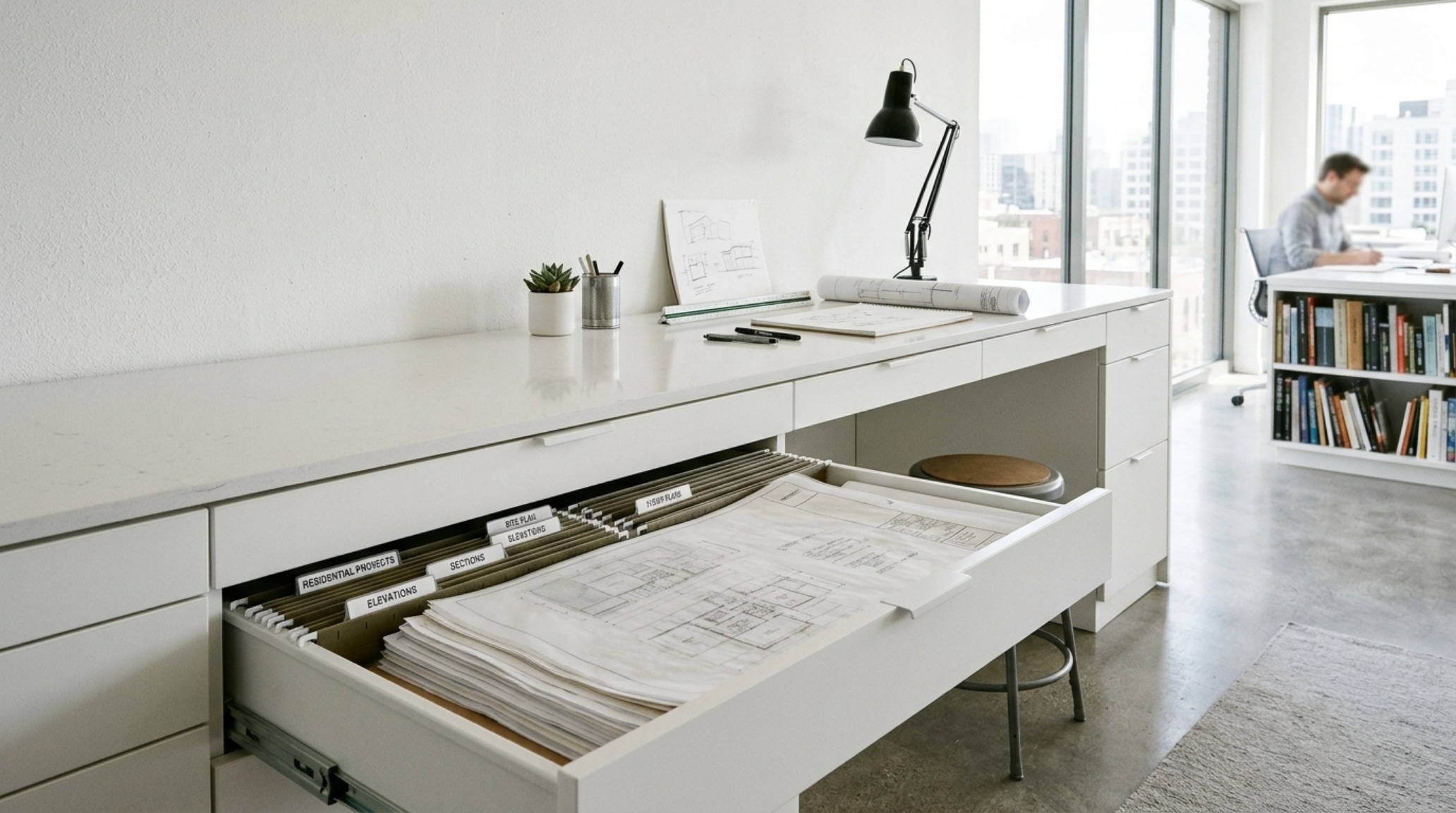 Blueprint storage desk solutions showcasing vertical rack integration and a clean floor plane in a minimalist architectural workspace. Blueprint storage desk solutions showcasing vertical rack integration and a clean floor plane in a minimalist architectural workspace.