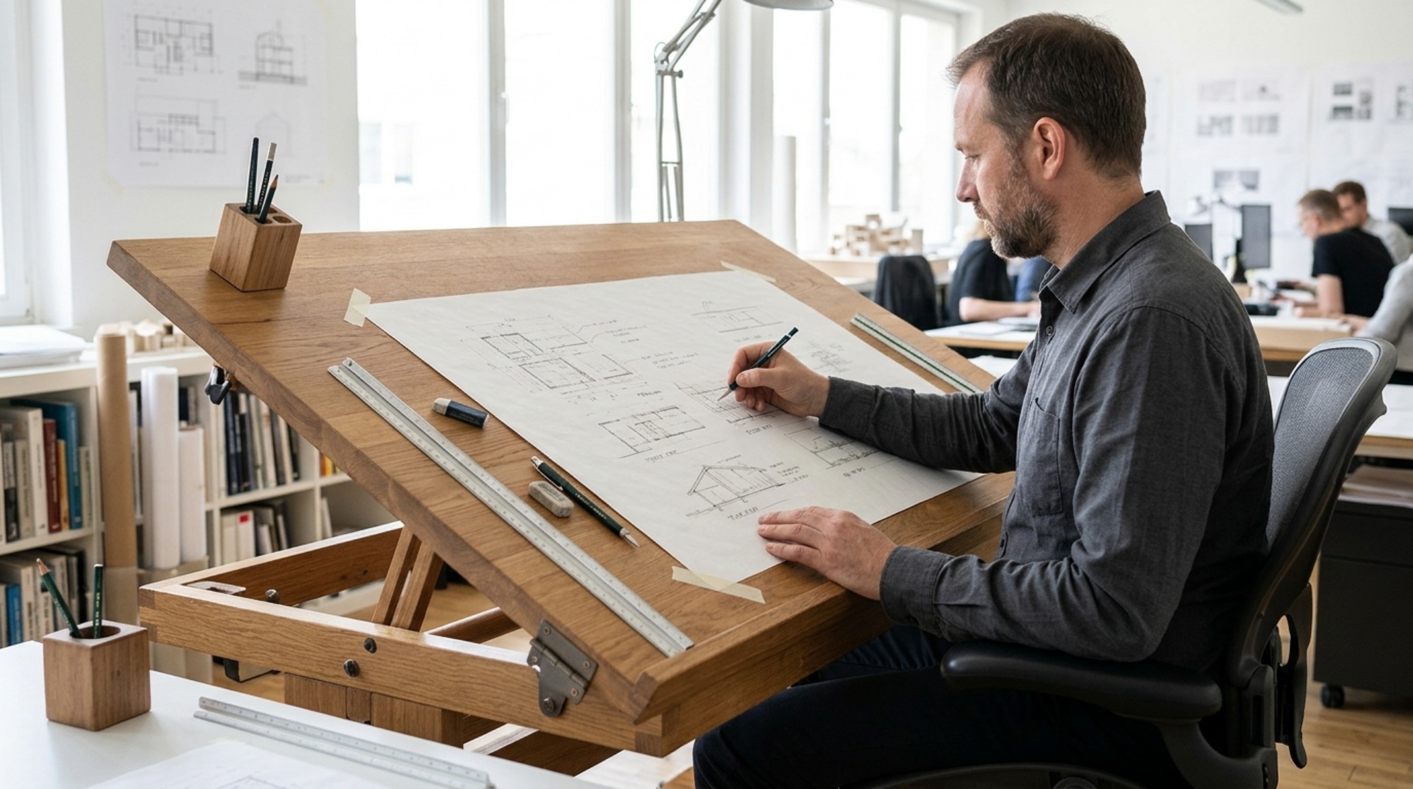Professional drawing table ergonomics displayed through a 150cm wide architect desk with a tilted surface, A1 blueprints, and a 30-inch clearance for sightline alignment. Professional drawing table ergonomics displayed through a 150cm wide architect desk with a tilted surface, A1 blueprints, and a 30-inch clearance for sightline alignment.