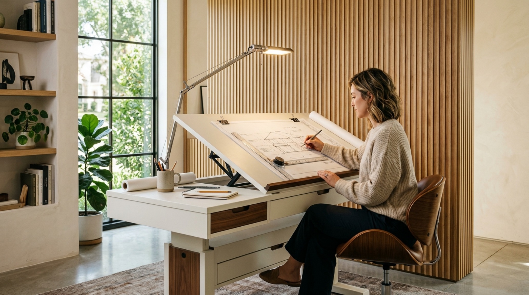Modern drafting table for home office finished in Benjamin Moore Swiss Coffee with a matte linoleum top and minimal steel legs in a bright residential studio. Modern drafting table for home office finished in Benjamin Moore Swiss Coffee with a matte linoleum top and minimal steel legs in a bright residential studio.