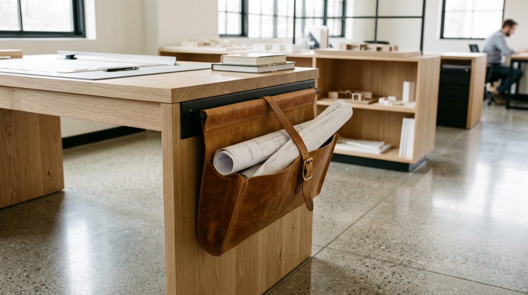 Blueprint storage desk solutions showing a leather sling for rolled drawings and slim under-desk drawers integrated into a heavy-duty professional workstation. Blueprint storage desk solutions showing a leather sling for rolled drawings and slim under-desk drawers integrated into a heavy-duty professional workstation.
