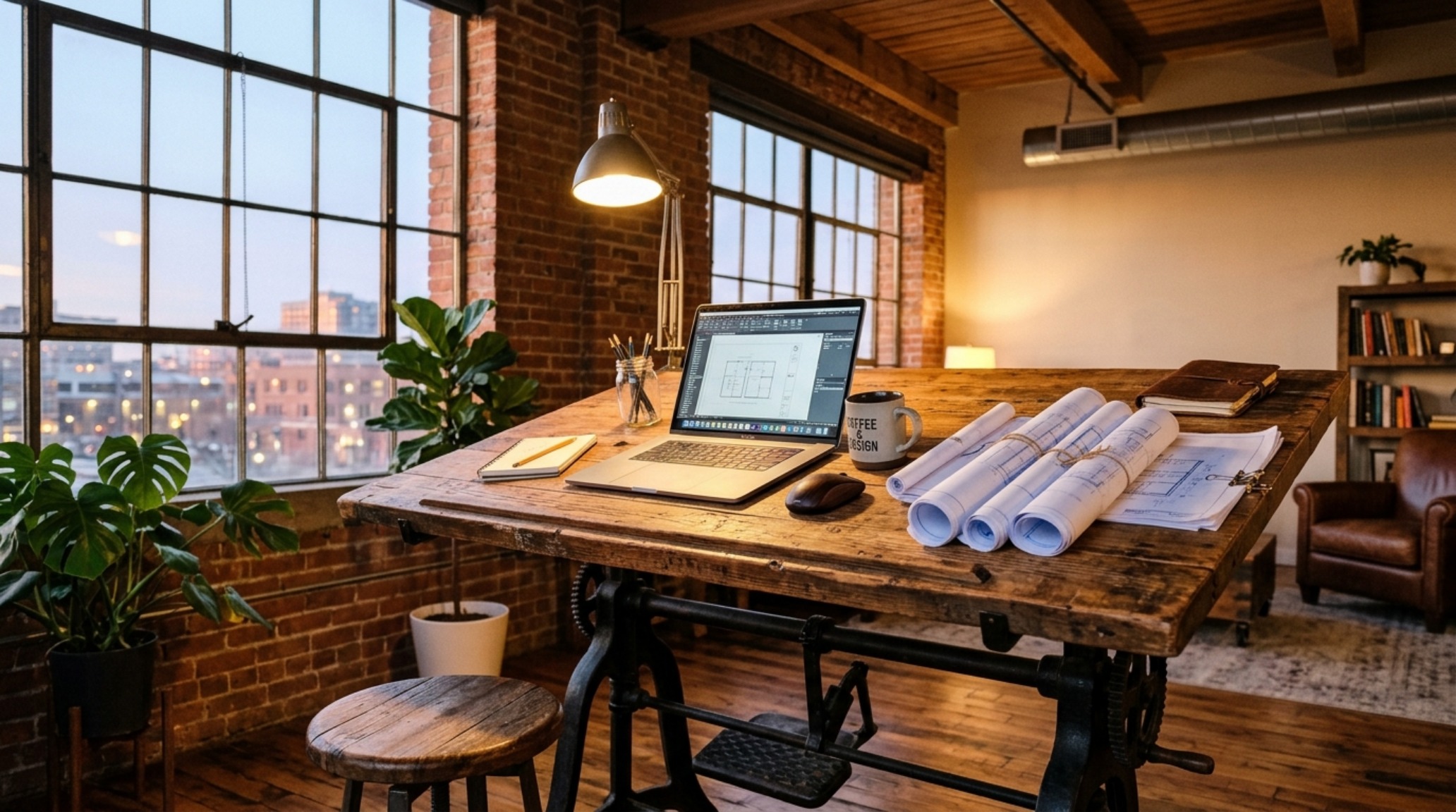 Vintage industrial architect table with a reclaimed pine top and patinated steel frame, showcasing a hybrid digital-analog workflow in a high-end design atelier. Vintage industrial architect table with a reclaimed pine top and patinated steel frame, showcasing a hybrid digital-analog workflow in a high-end design atelier.