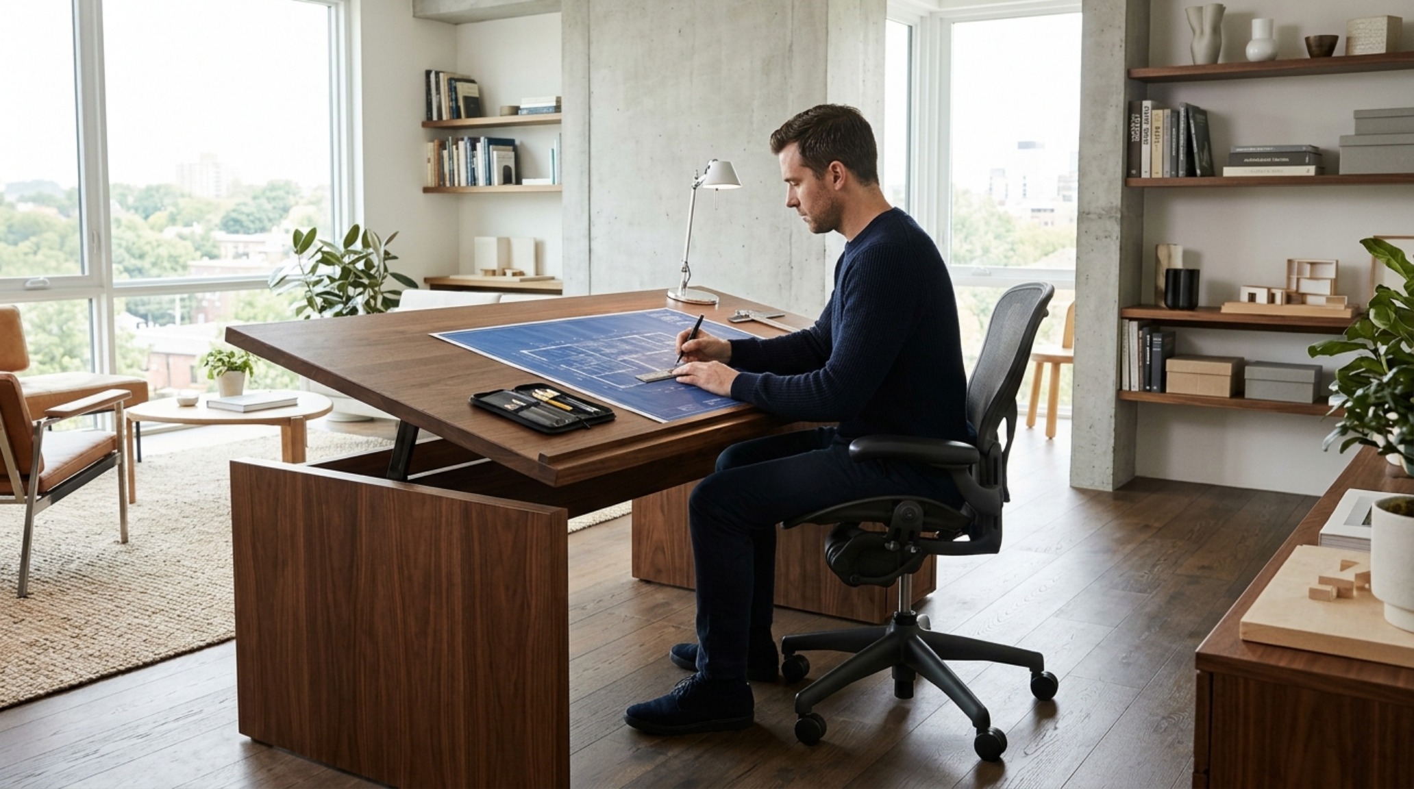 Professional drawing table ergonomics with a focus on the 75cm depth allowing for monitor placement behind active sketching areas on an A1 sheet. Professional drawing table ergonomics with a focus on the 75cm depth allowing for monitor placement behind active sketching areas on an A1 sheet.