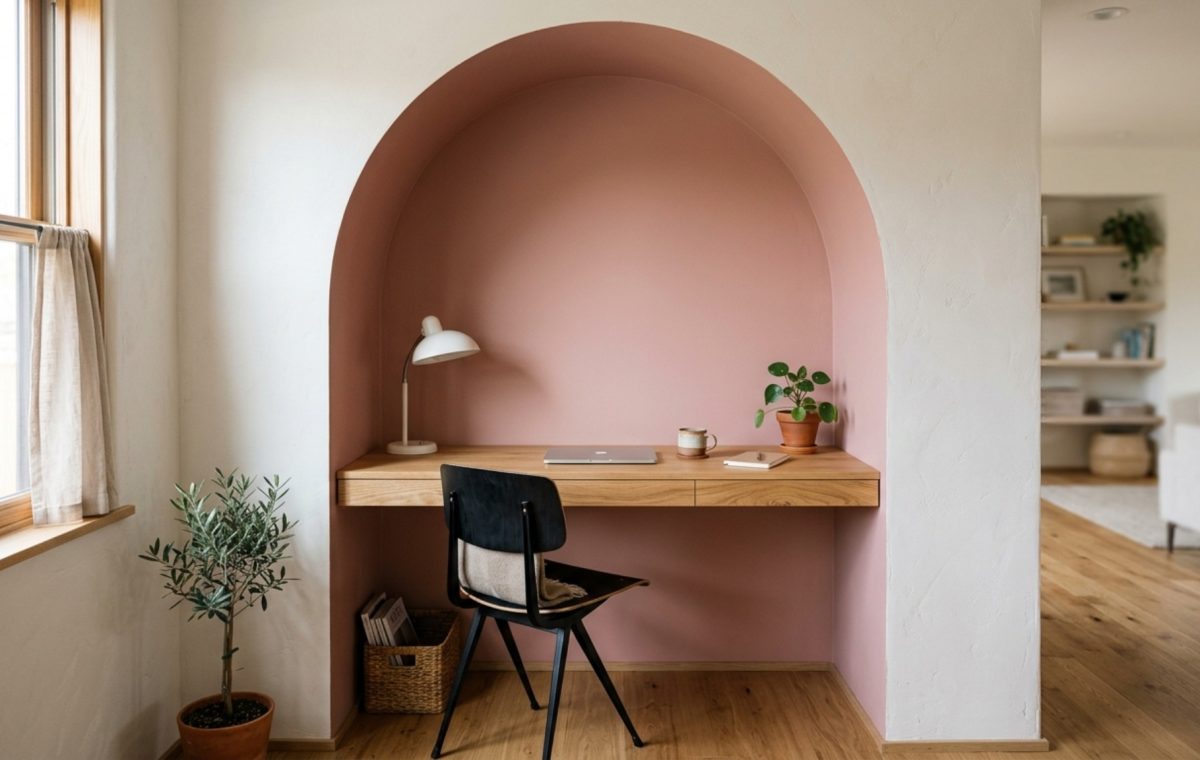 A sophisticated WFH alcove featuring a curved paint silhouette in Farrow & Ball Setting Plaster, framing a white oak floating desk with 30-inch clearance.