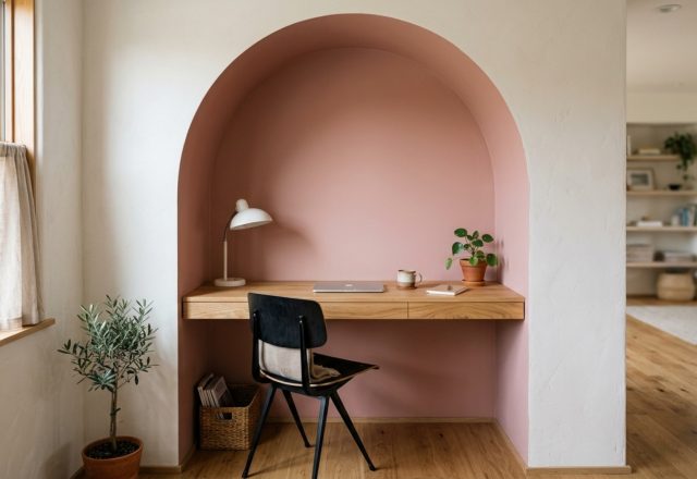 A sophisticated WFH alcove featuring a curved paint silhouette in Farrow & Ball Setting Plaster, framing a white oak floating desk with 30-inch clearance.