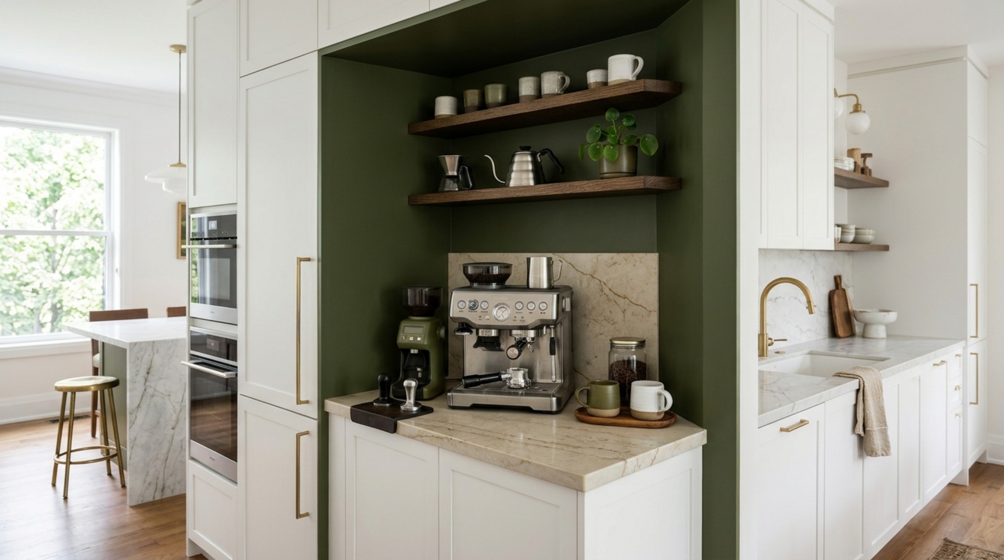 Biophilic interior paint trends illustrated by a forest-green kitchen backsplash area transition, merging indoor utility with organic color theory.