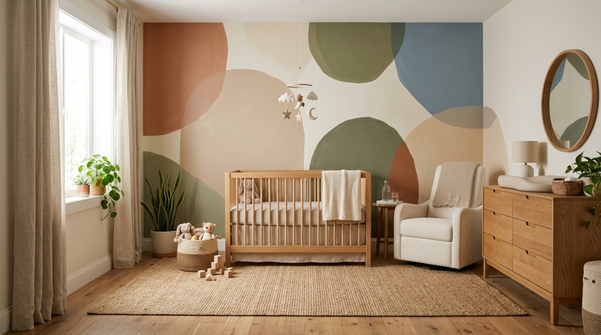 A creative paint decor ideas application in a nursery, featuring soft arched shapes in pastels to define a changing station zone without physical walls.