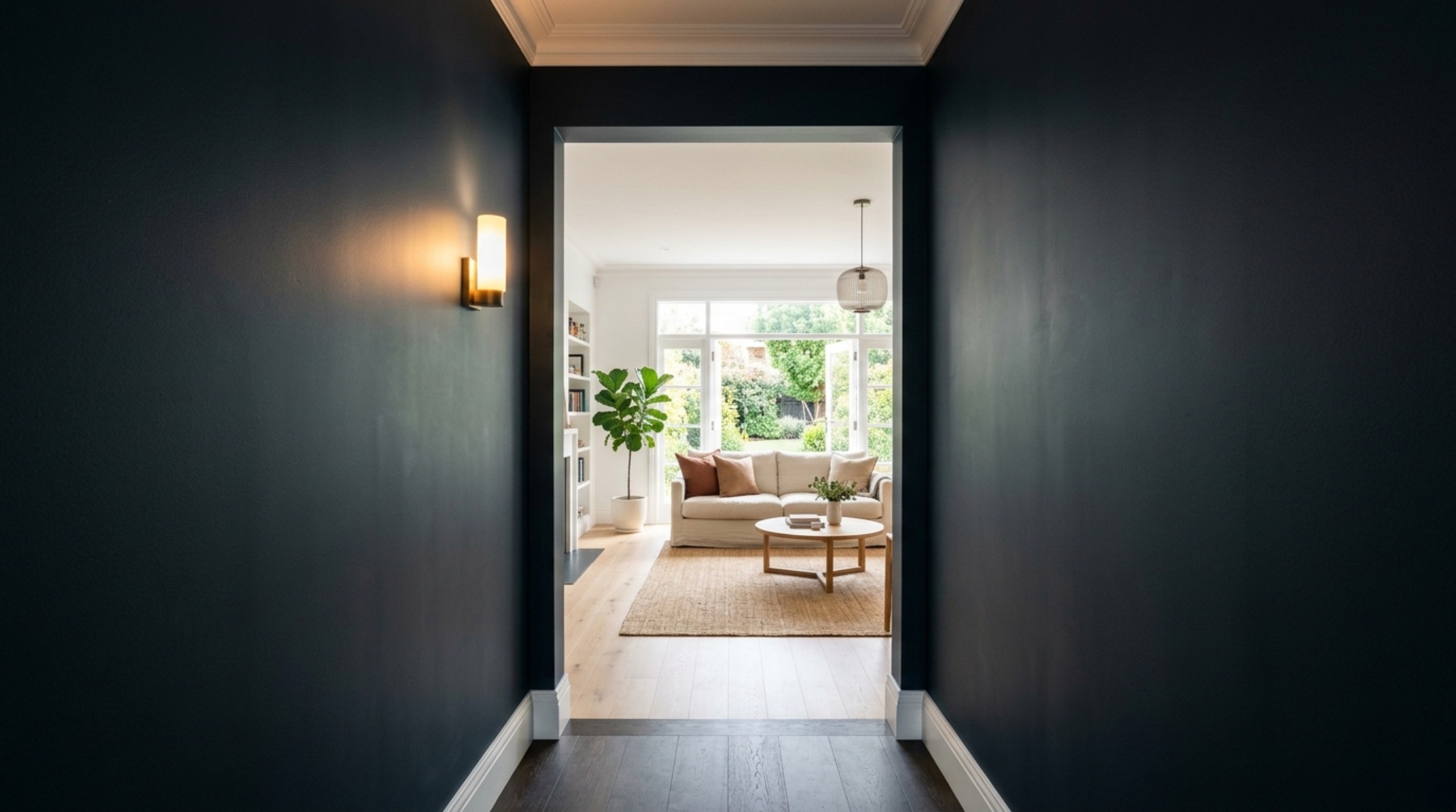 A high-contrast 'portal' transition between a hallway and living area using deep charcoal architectural paint finishes to define spatial boundaries.