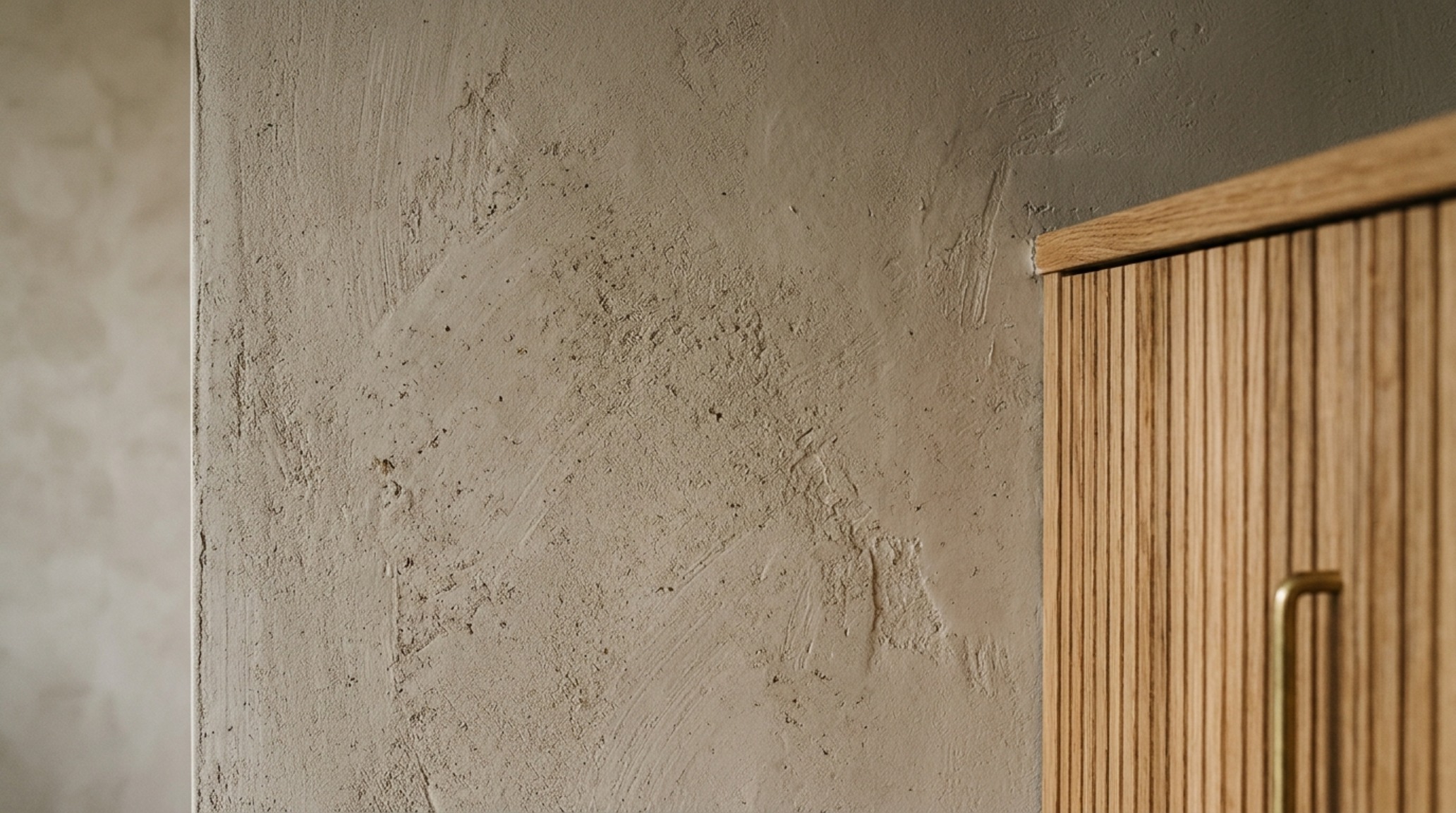 Tactile limewash wall detail in a dining nook, highlighting the mineral texture under 2700K warm ambient lighting and soft directional shadows.