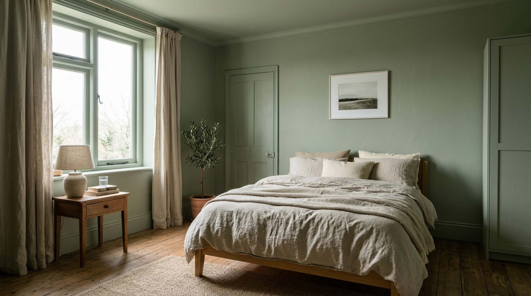 Master bedroom utilizing color drenching bedroom techniques with a deep sage palette extending across the ceiling to eliminate architectural noise.