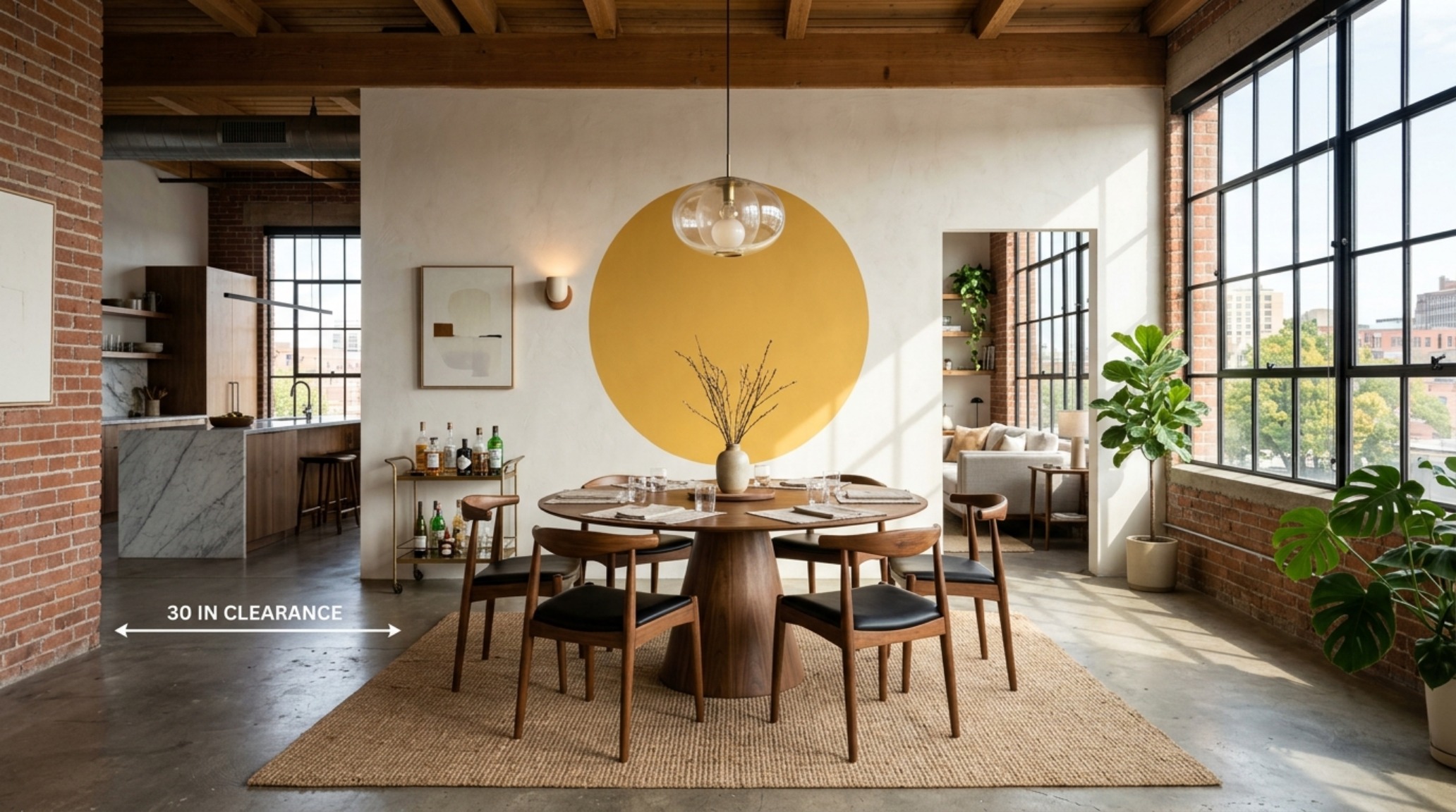 A minimalist reading corner showcasing accent wall geometry with a large ochre circle grounding a mid-century chair and 18-inch reach side table.