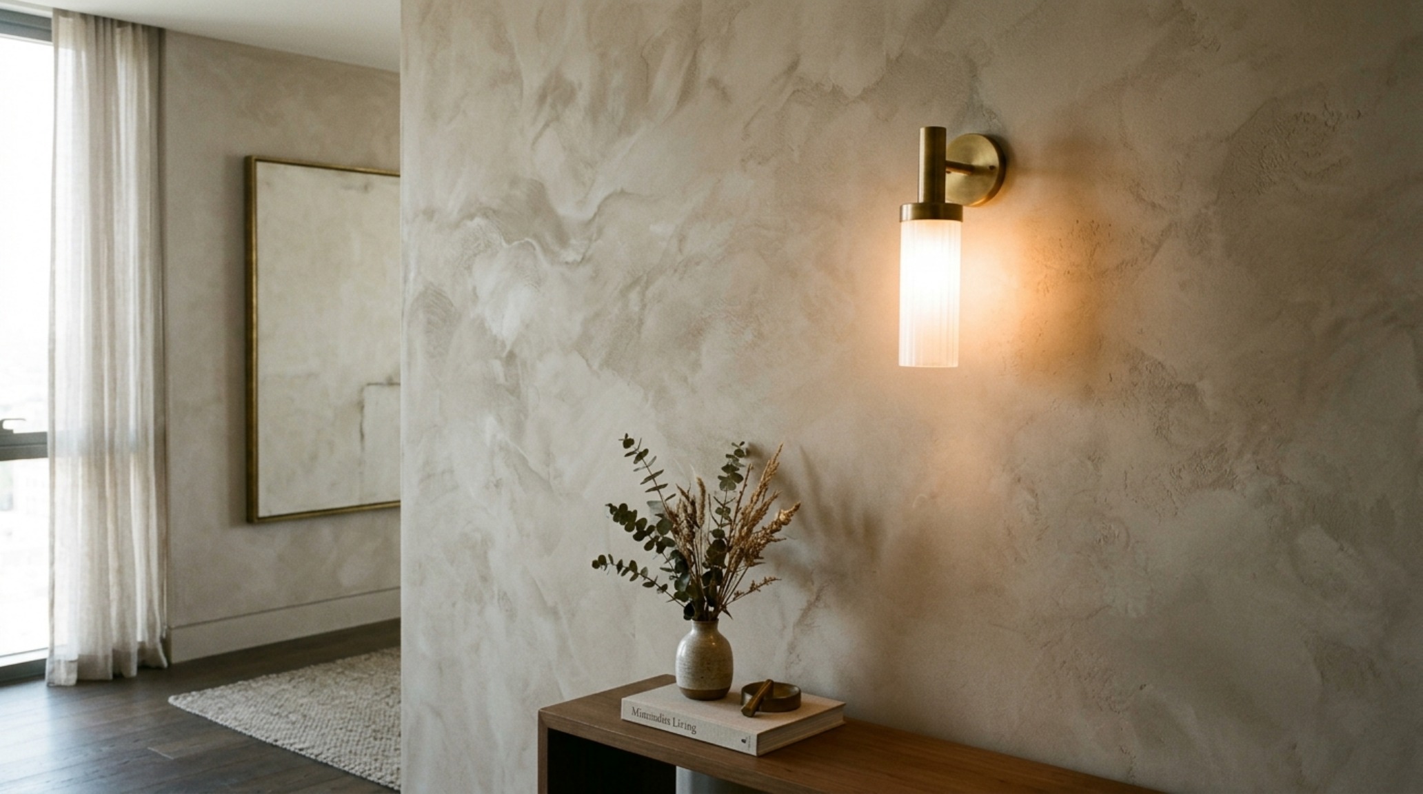 Modern limewash wall tutorial visual displaying the hand-applied mineral texture and suede-like finish on a primary bedroom feature wall.